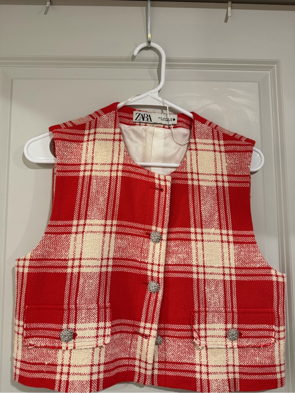 Zara Red and Cream Plaid Girls' Vest with Decorative Buttons